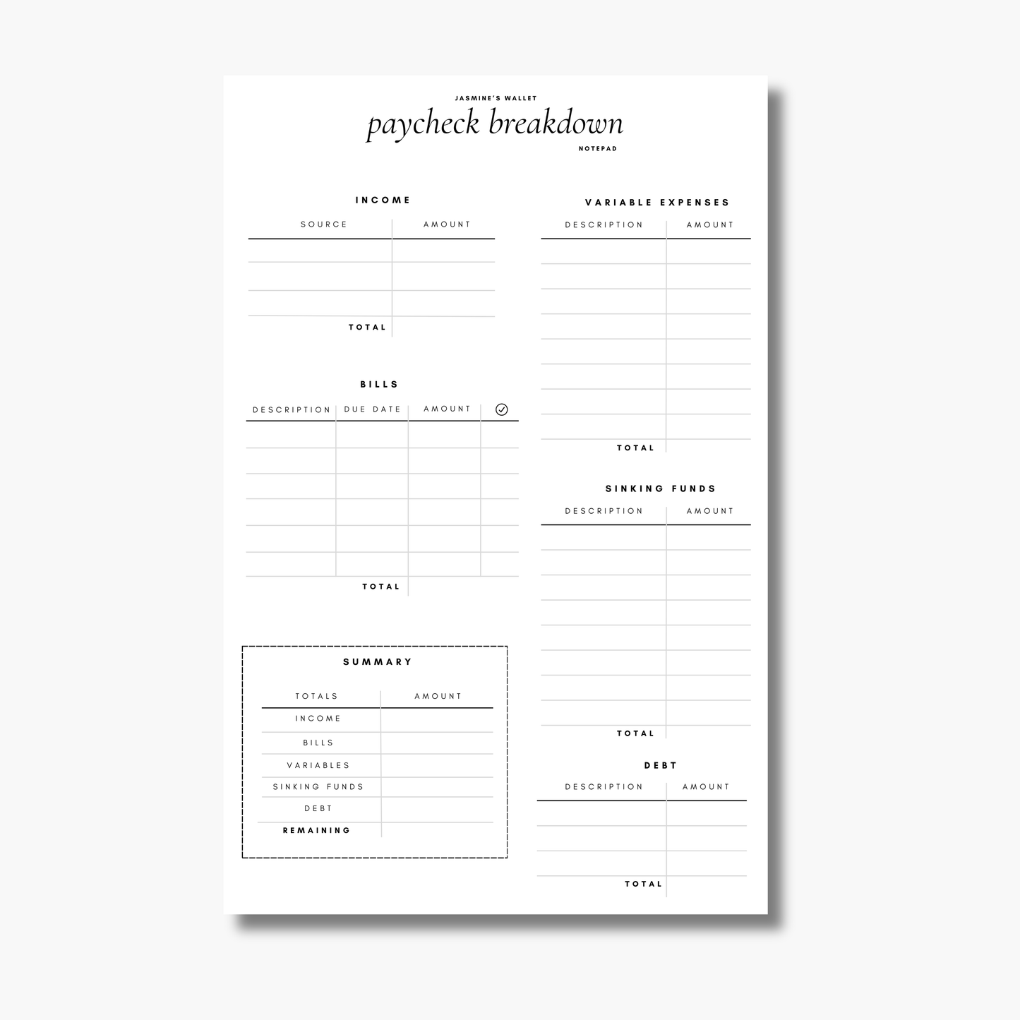 Paycheck Breakdown Notepad