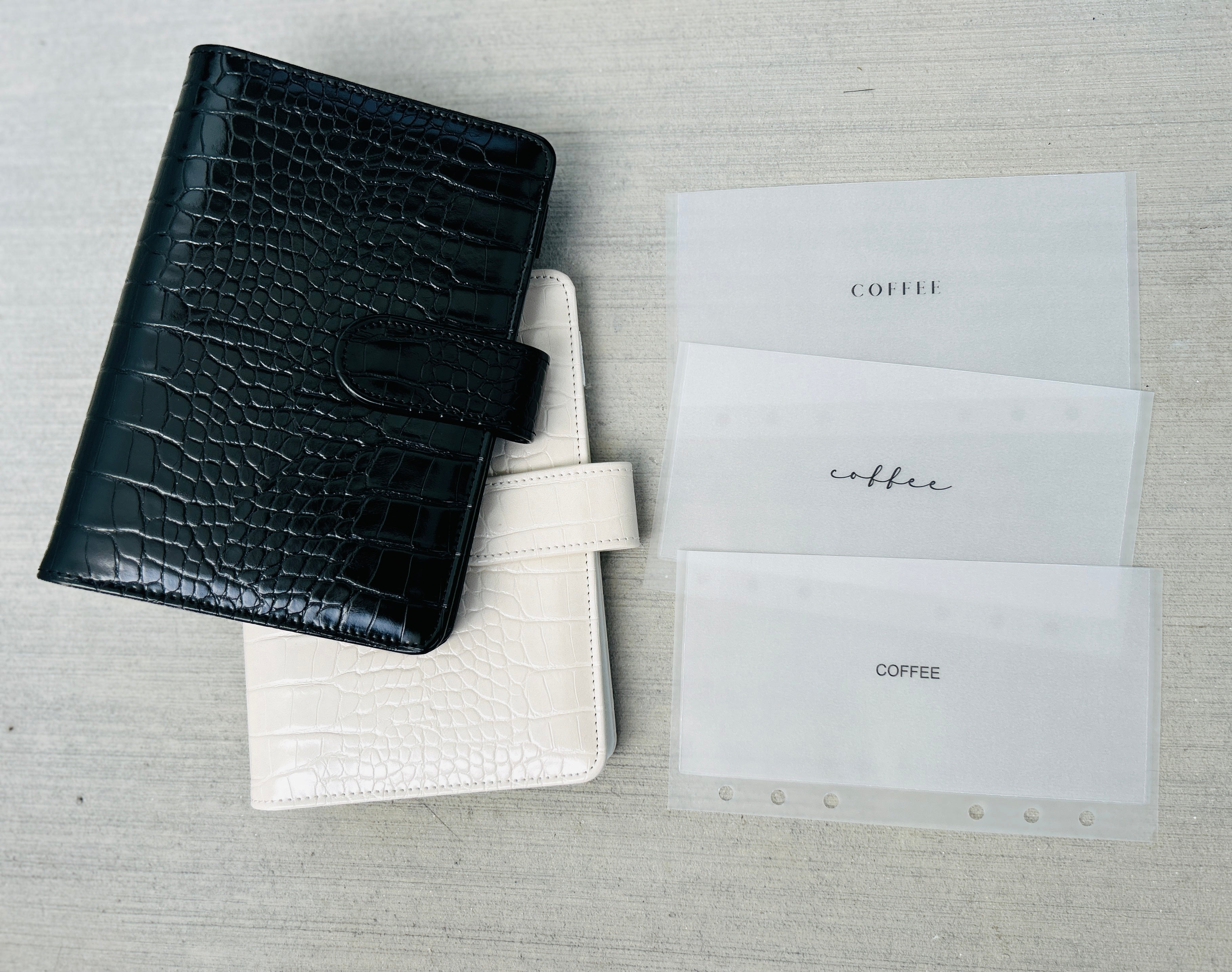 Juego de carpetas A6 Croc negro/beige || Sobres mate para efectivo || Carpeta de presupuesto
