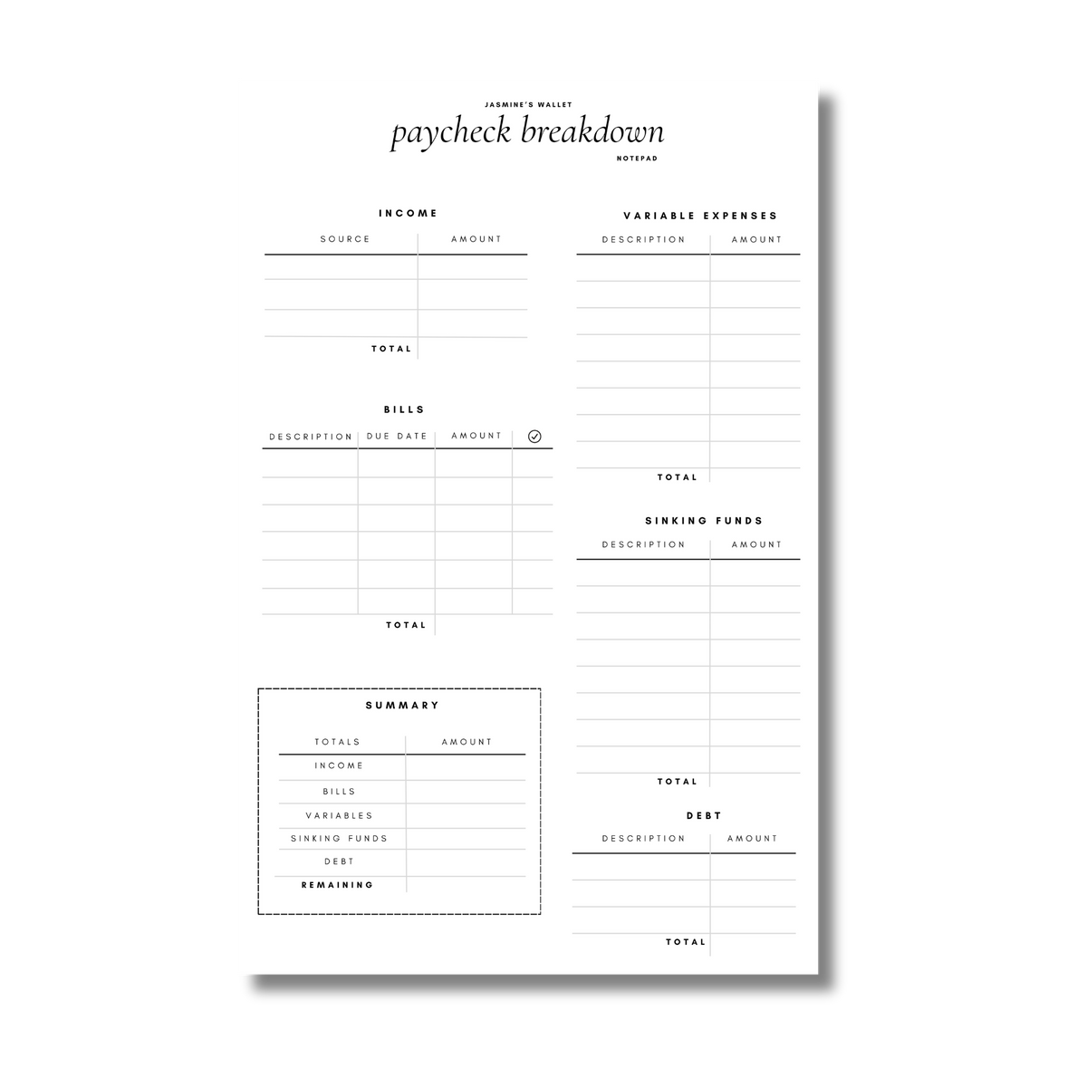 Paycheck Breakdown Notepad