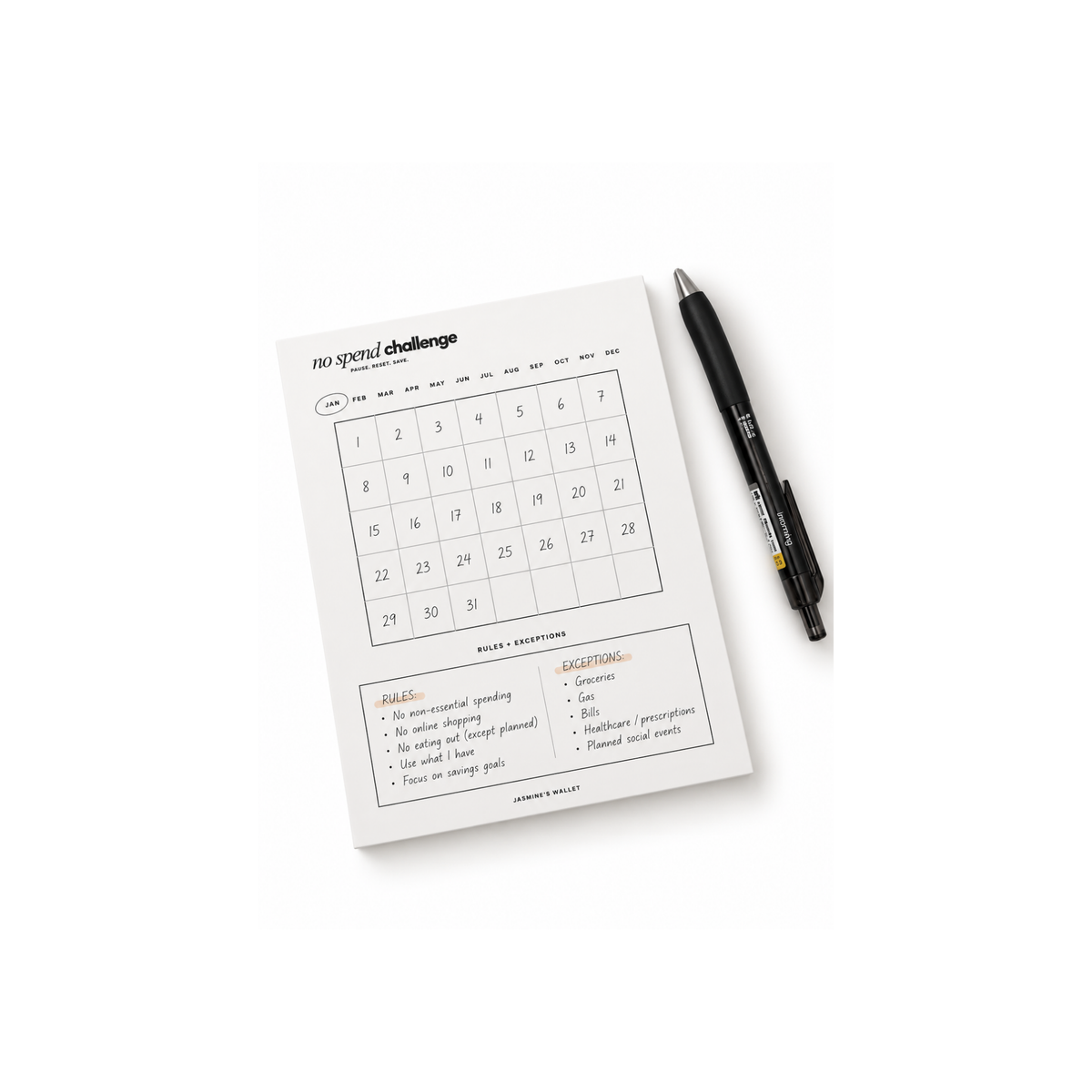 No Spend Challenge Notepad