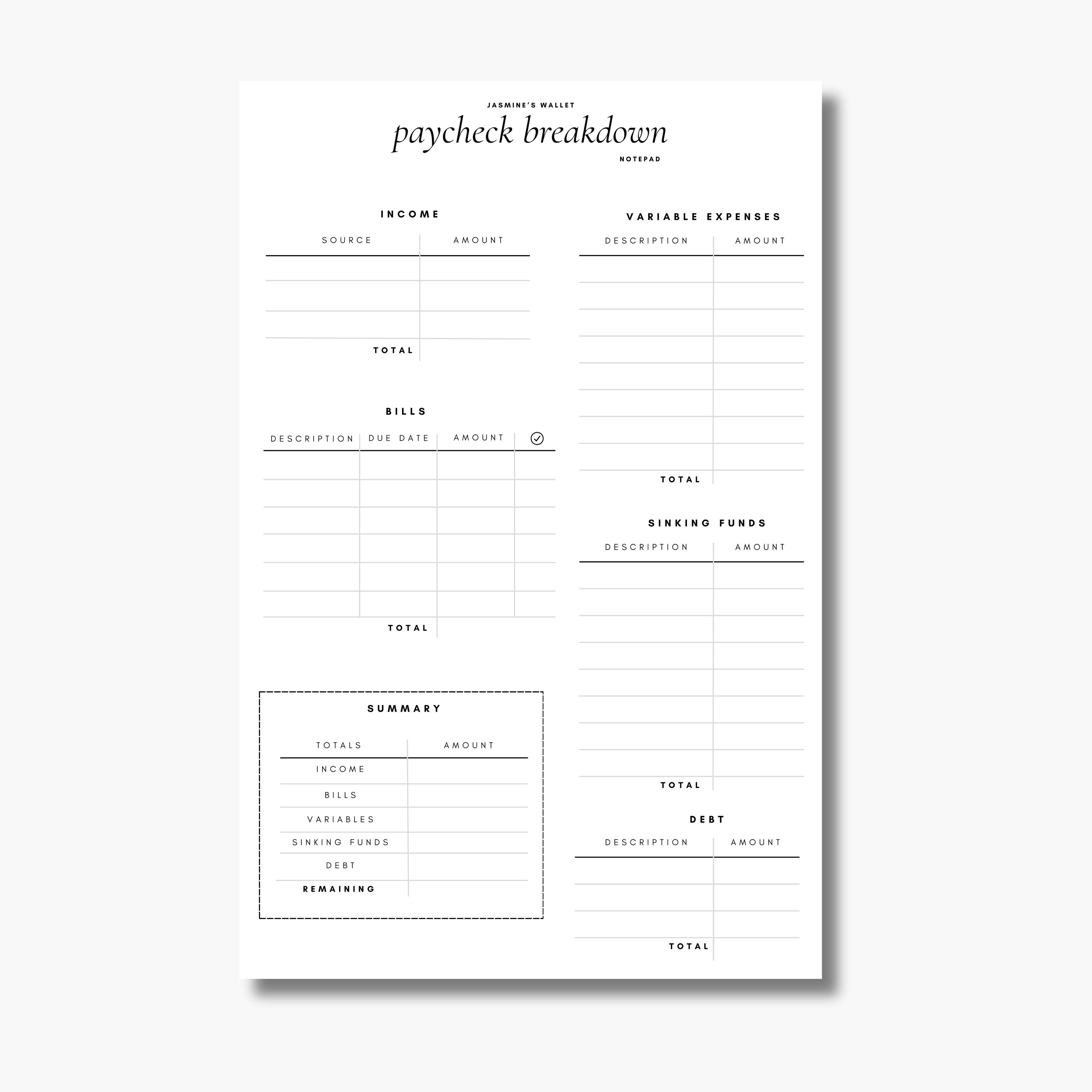 Paycheck Breakdown Notepad – Jasmine’s Wallet